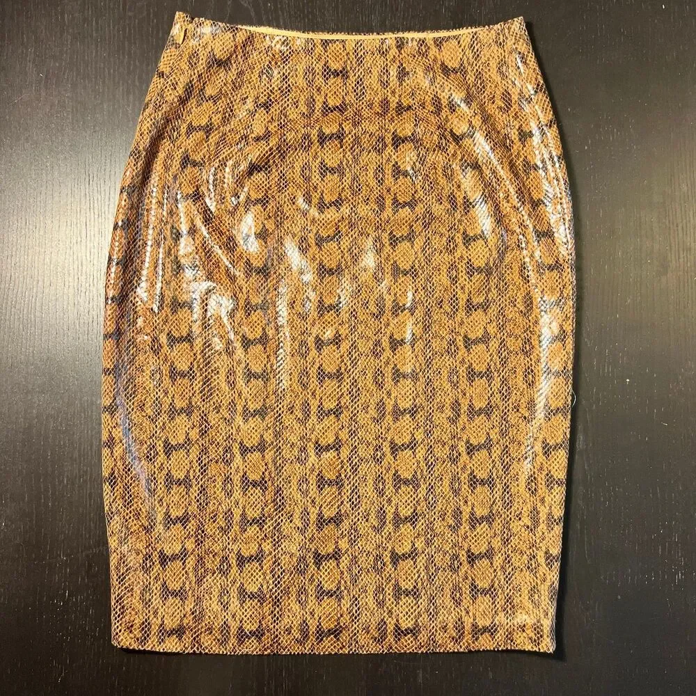 Express Sz 4 Faux Snakeskin Leather Pencil Straight Skirt Brown Black Side Slit